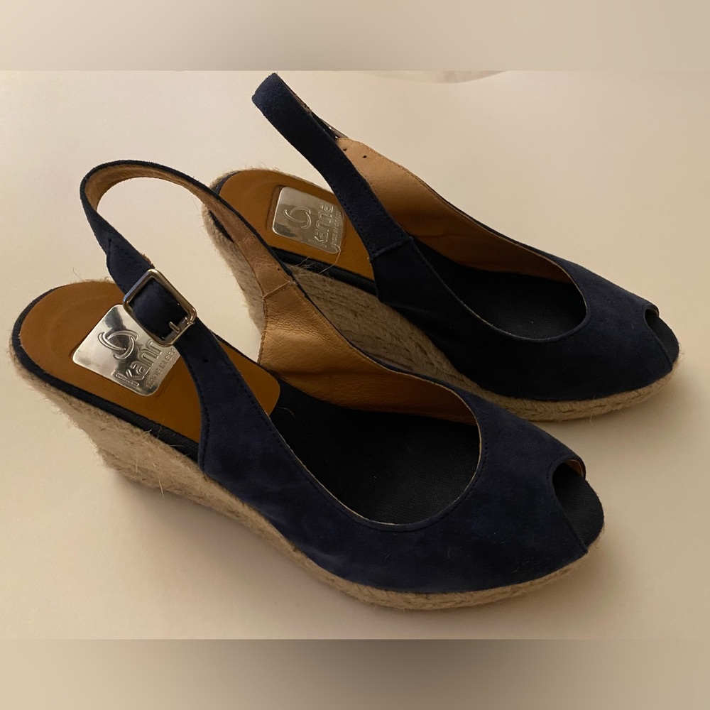 Kanna Ania Spain Toe Wedge Sandals Navy Blue Suede 38 EU 7.5 US Summer Jute